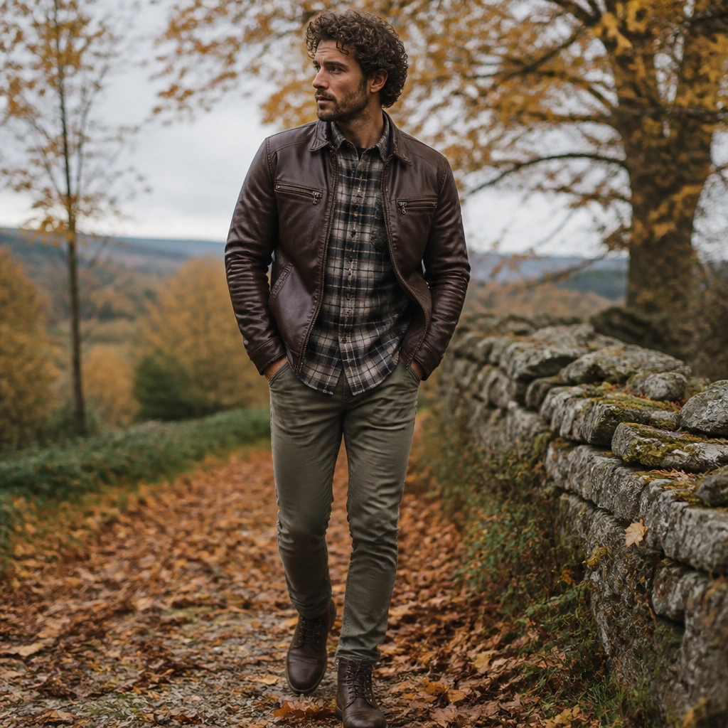 A man wearing a brown leather jacket over a grey flannel shirt with olive slim pants and dark boots; the photo has a fall-weather feel.