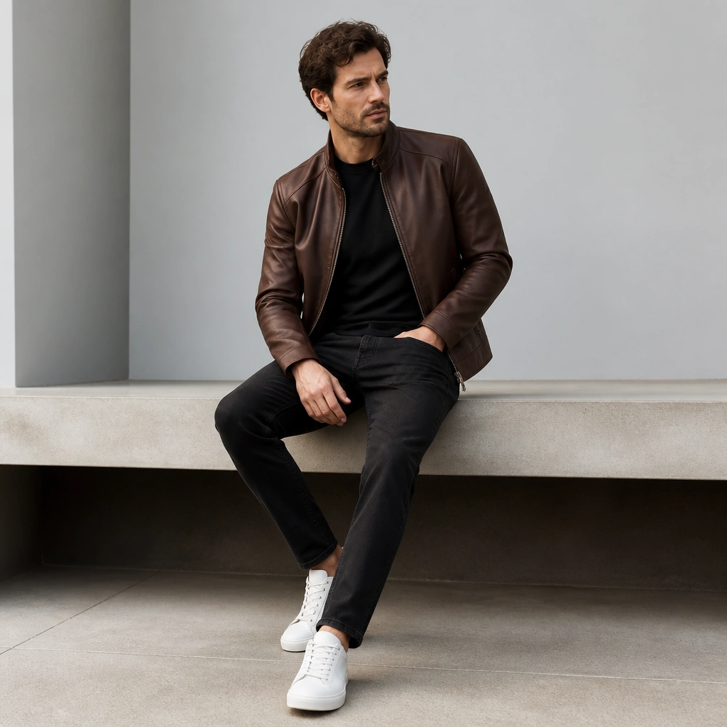 A man wearing a dark brown leather jacket over a black T-shirt with black jeans and crisp white sneakers; the image is clean and minimal.