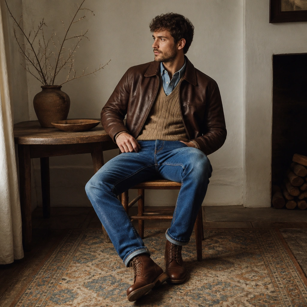 A man in a medium-brown leather jacket layered over a tan sweater vest with a light blue button-down and blue jeans; he’s wearing workwear-style boots.