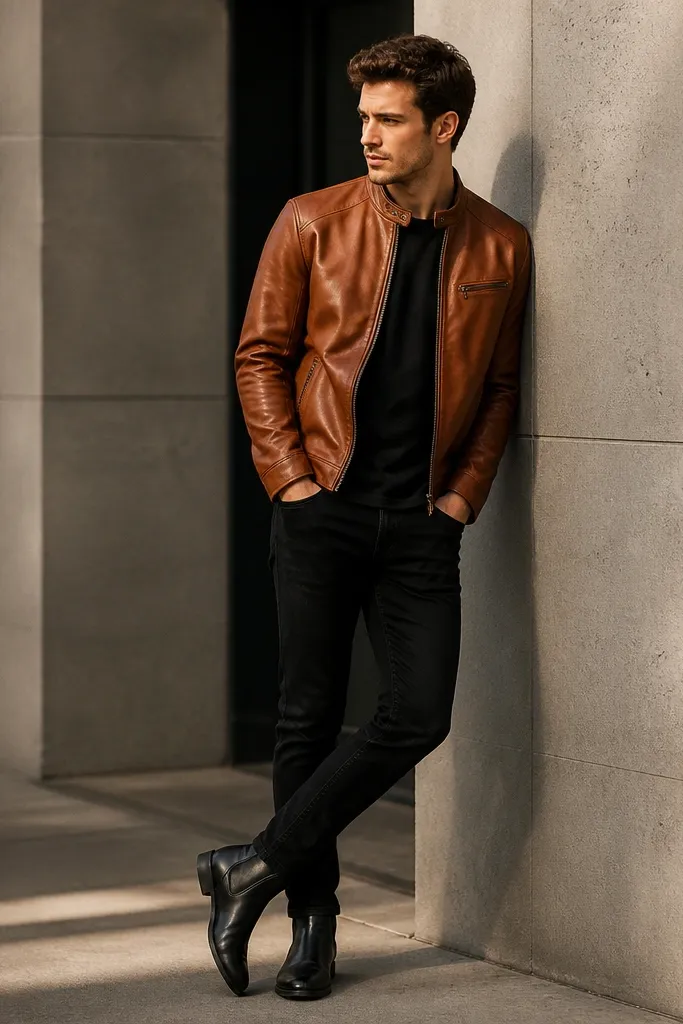 A cognac-brown leather jacket styled with black skinny jeans and black boots; the contrast is high and the leather looks slightly orange by comparison.