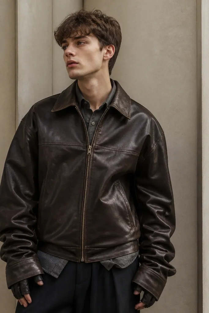 A brown leather jacket with sleeves that extend past the wrists, bunching around the hands; cuffs obscure the shirt cuff and gloves look uneven.