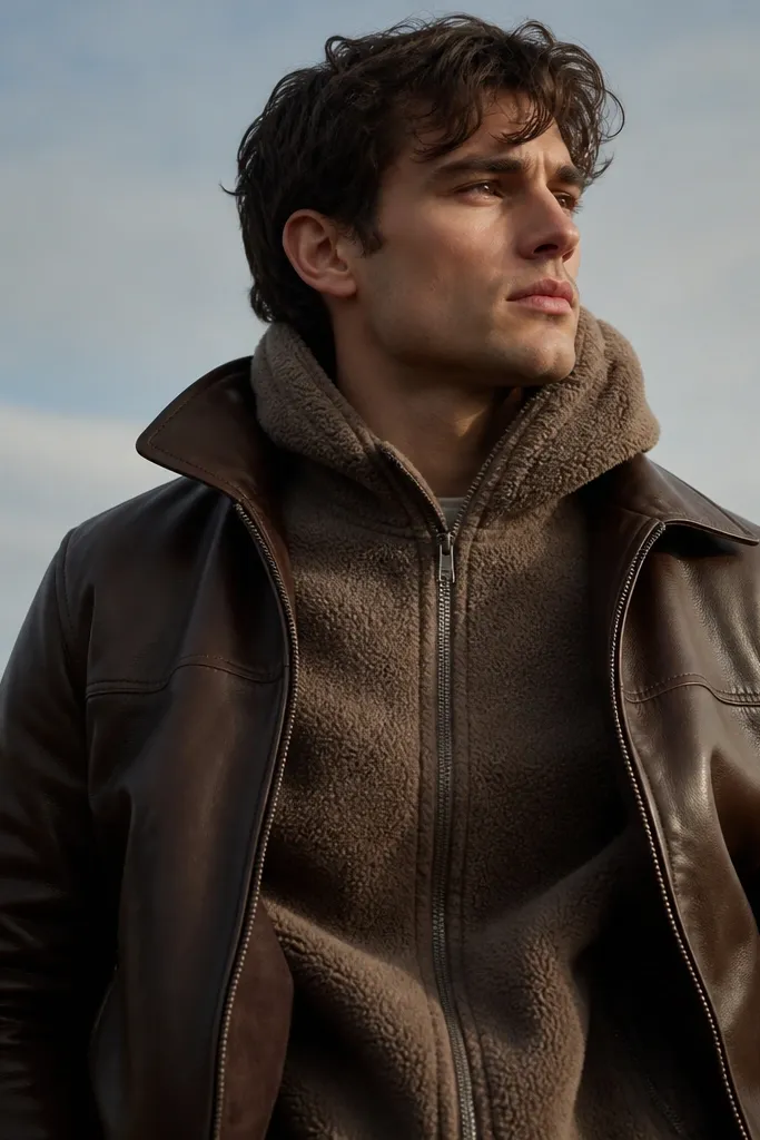 A brown leather jacket worn over a bulky fleece hoodie; the chest looks puffy and the jacket collar doesn’t sit flat.