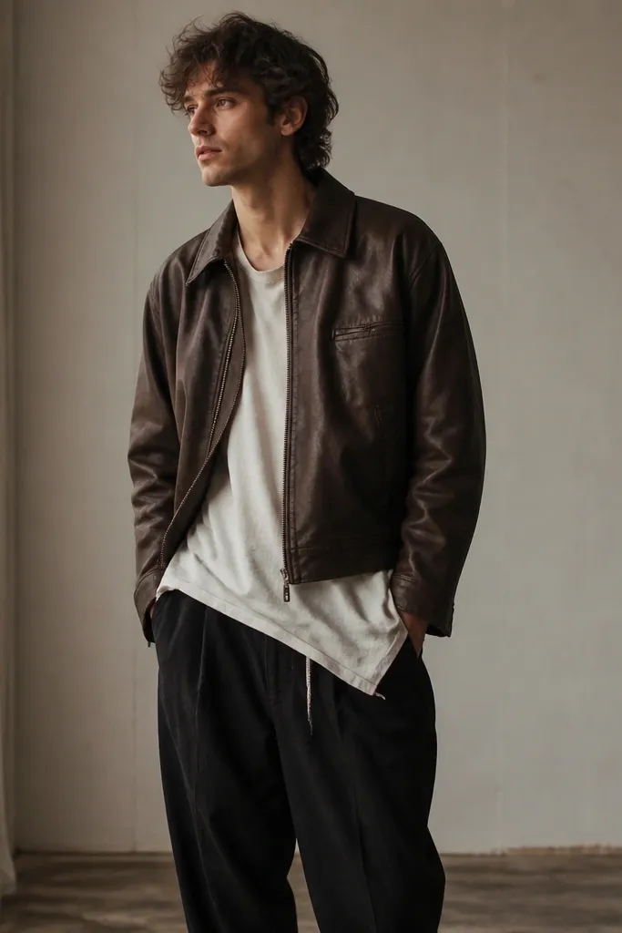 A brown leather jacket over an untucked tee that billows below the jacket hem; the lower half looks messy and uneven.