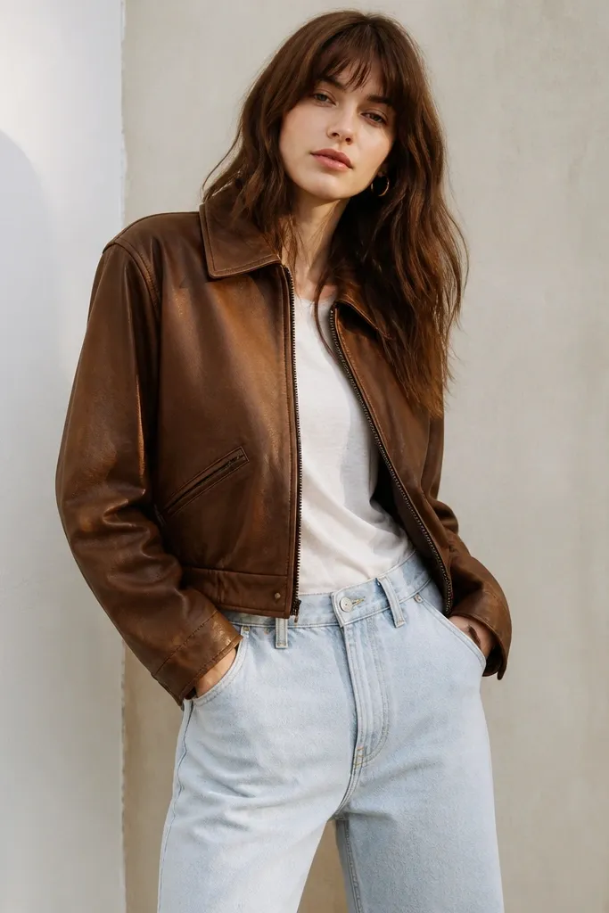 A brown leather jacket paired with very light wash blue jeans; the contrast feels bright and the leather looks less intentional.