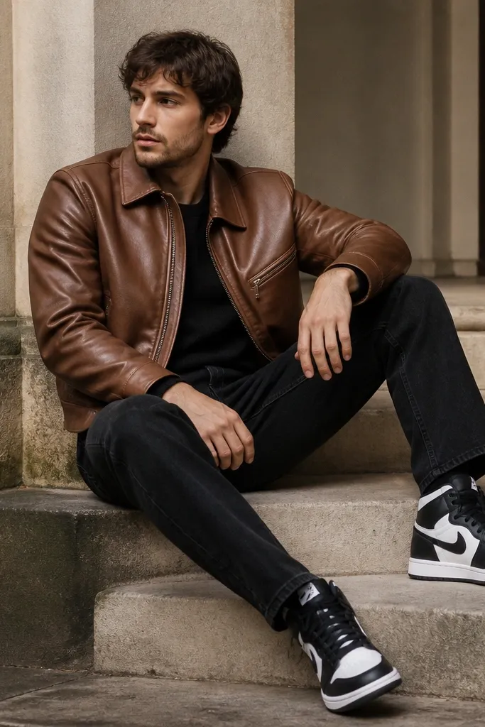 A brown leather jacket with black-and-white high-top sneakers; the shoe looks disconnected from the warm leather palette.