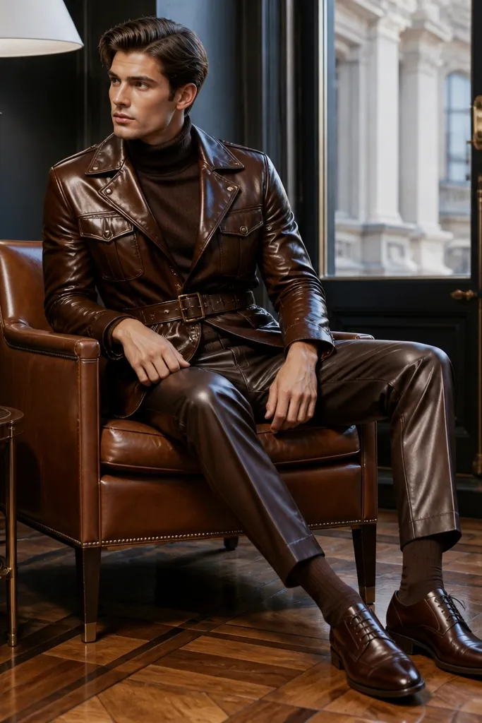 A glossy brown leather jacket with a shiny belt and polished dress shoes; everything reflects light and looks busy.