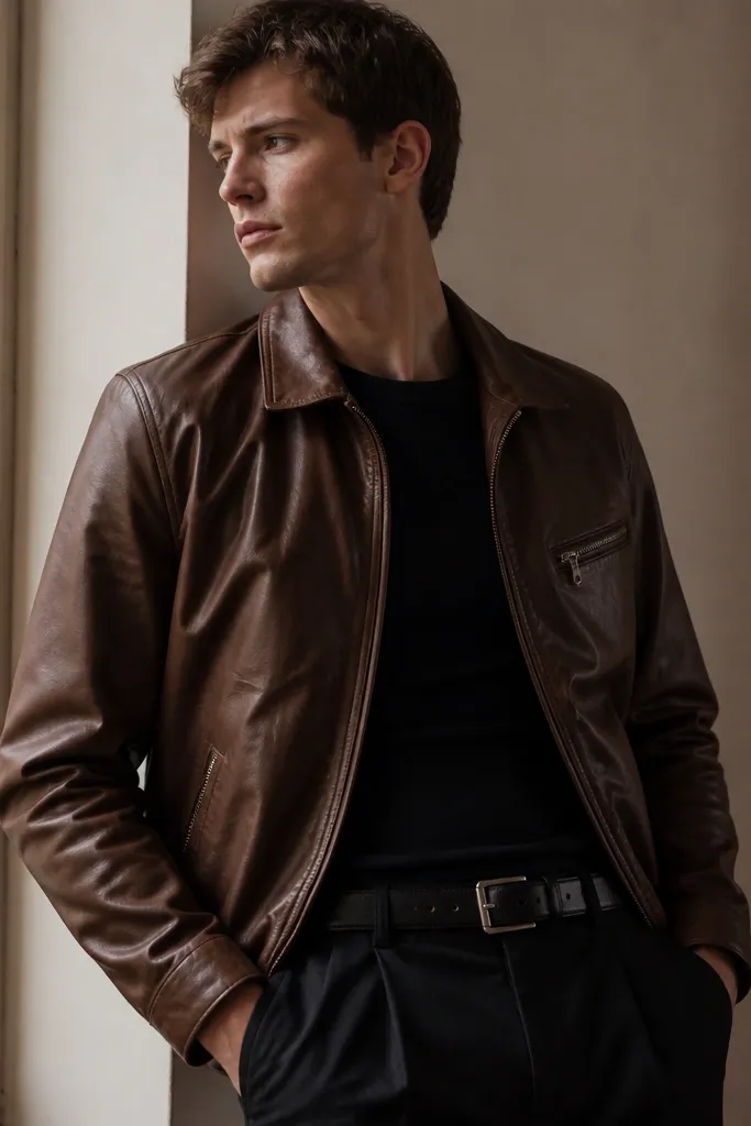 A brown leather jacket worn with a black leather belt and dark pants; the belt looks like it belongs to a different outfit.