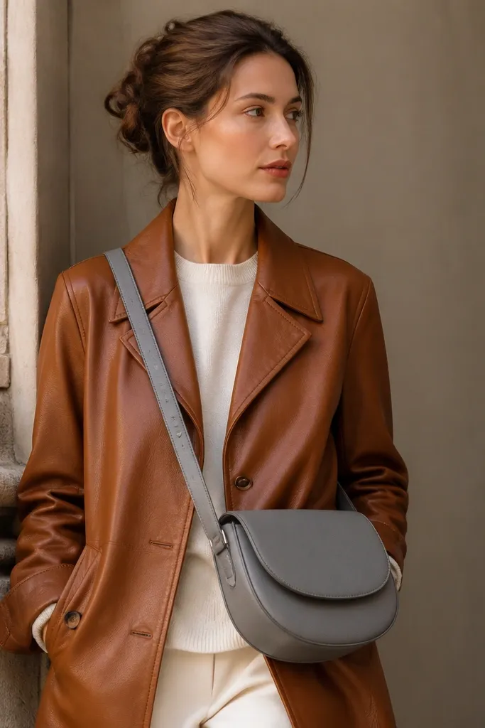 A brown leather jacket with a gray crossbody bag; the bag’s cool tone makes the jacket look warmer and slightly orange.