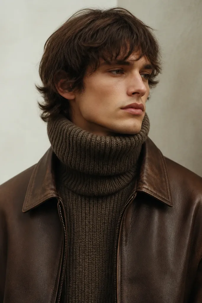 A brown leather jacket worn over a tall, thick turtleneck; the collar area looks tight and bulky.