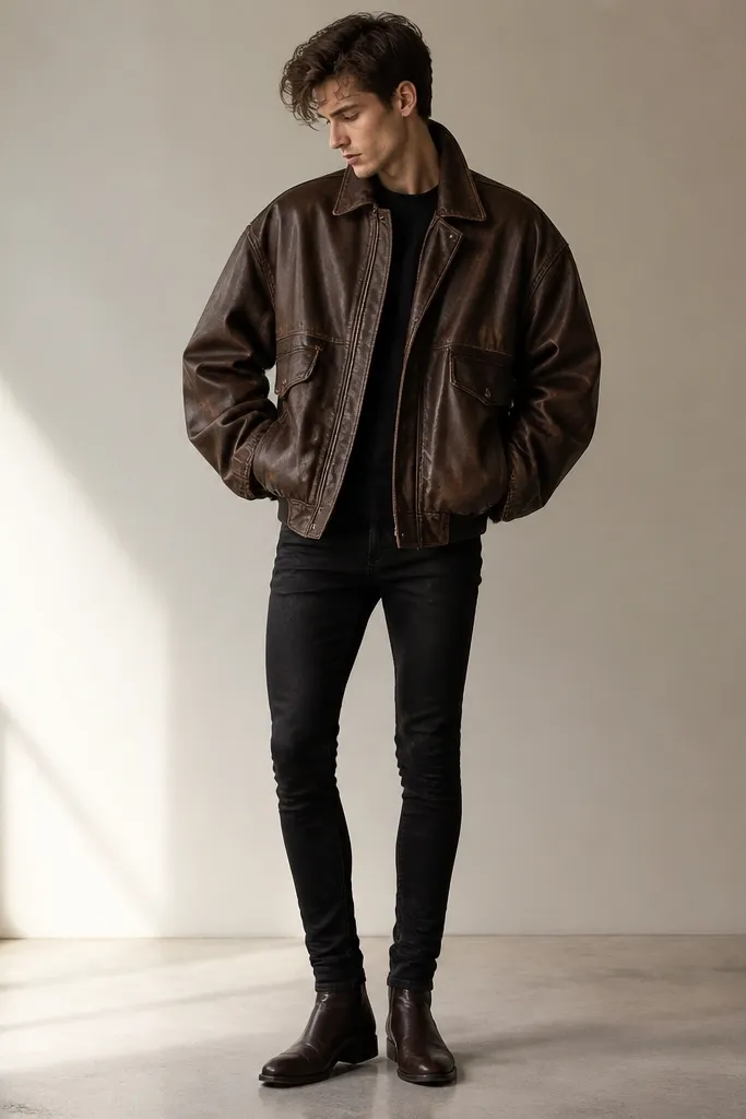 A brown leather jacket paired with very skinny pants that cling tightly around the ankles; the jacket dominates visually.