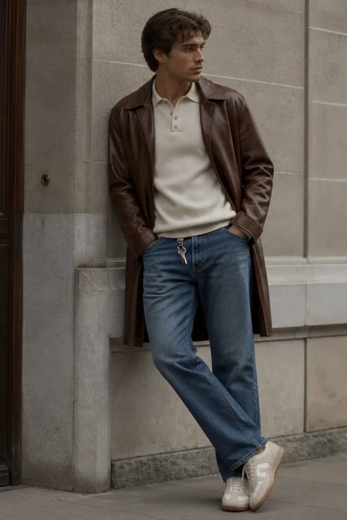 A long mocha-brown leather jacket layered over a cream knit polo; straight mid-wash jeans; a small metal key clip attached to an internal belt loop; neutral sneakers complete the outfit.