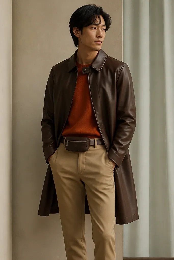 An umber-brown long leather jacket buttoned at the top over a rust-orange crew sweater; tapered tan chinos; a slim zip pouch worn at the belt line with the zipper facing outward.