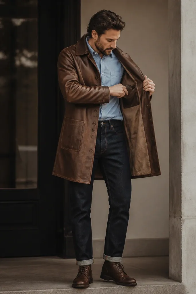 A caramel-brown long leather jacket over a light blue button-down; selvedge-style dark denim; wallet placed in an inner jacket pocket; brown leather lace-up boots.