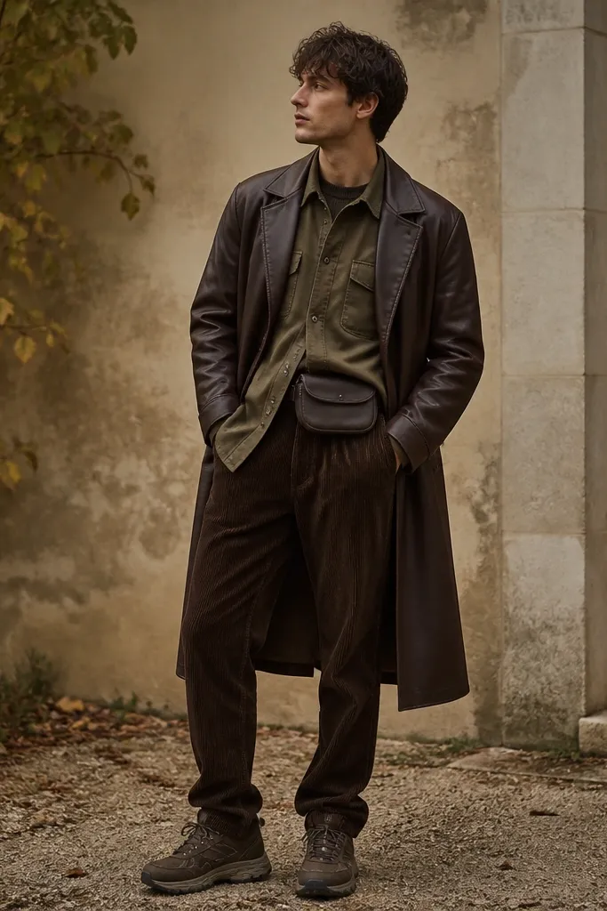 An espresso-brown long leather jacket layered over an olive overshirt; corduroy trousers in deep brown; a small belt bag worn high on the waist; rugged sneakers.