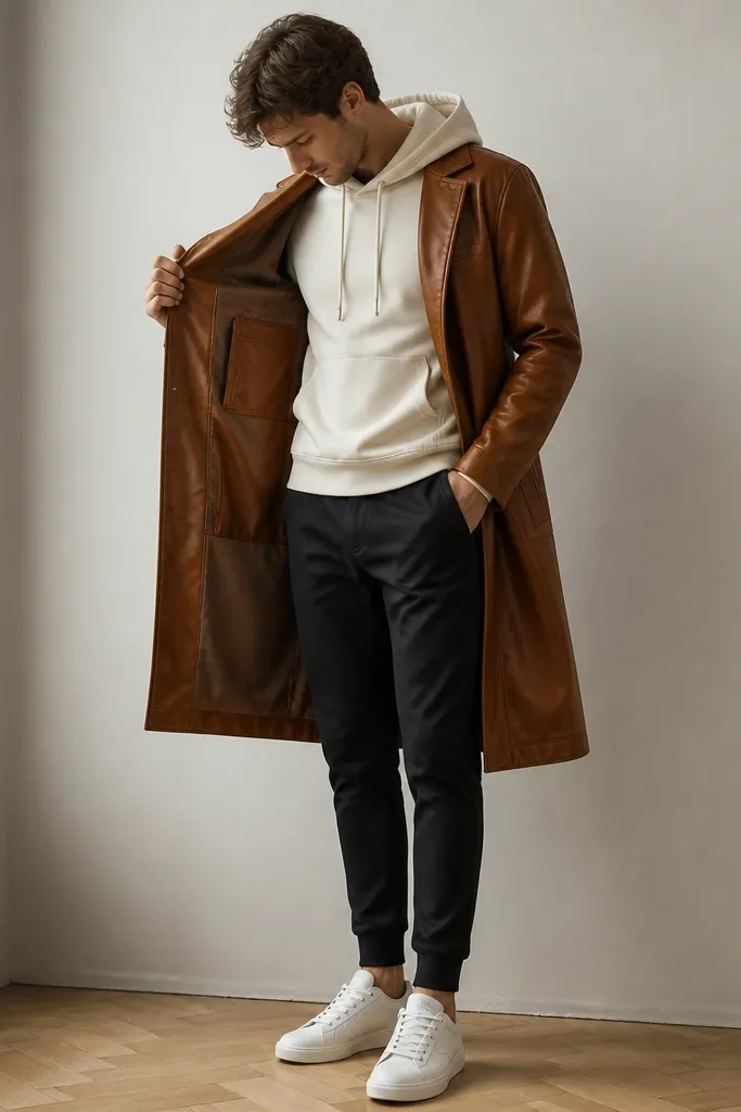 A cognac-brown long leather jacket over a cream hoodie; slim black track pants; the jacket’s internal pocket outline subtly visible; clean white sneakers.
