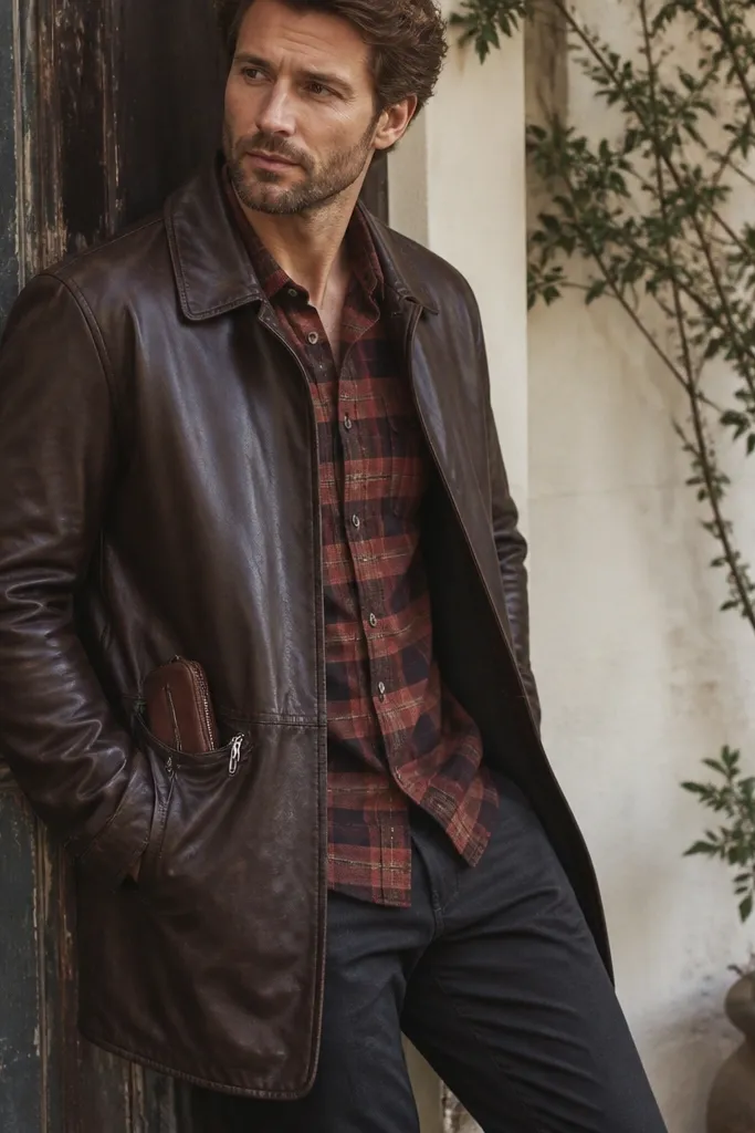 A deep brown long leather jacket worn over a red-and-brown plaid flannel; dark charcoal chinos; the jacket’s side zip pockets are clearly shown with a small pouch peeking out.