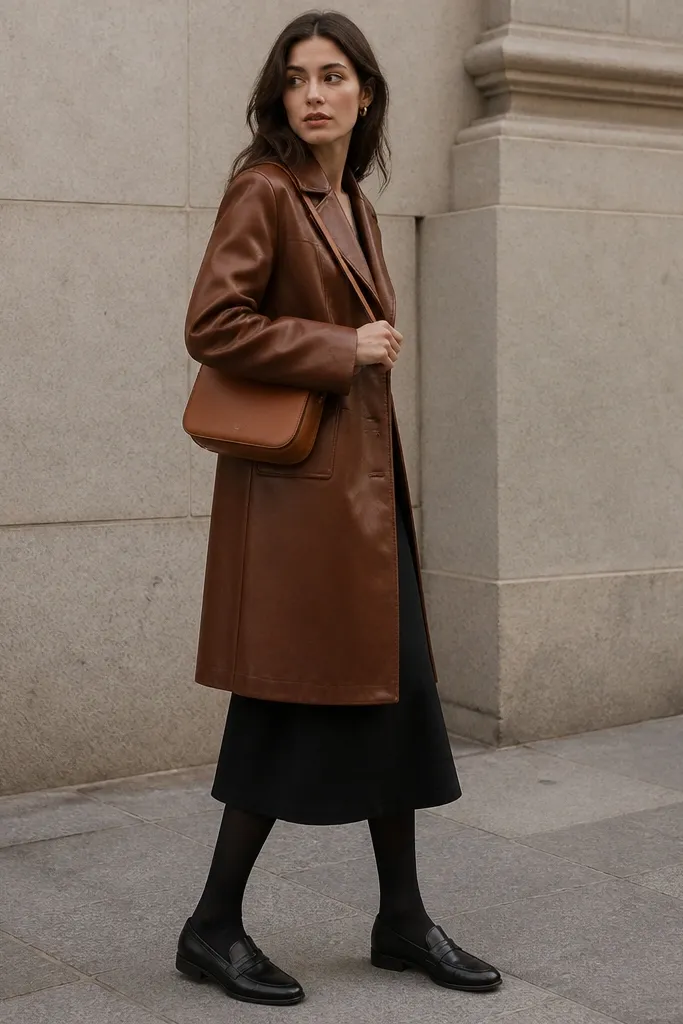 A chestnut-brown long leather jacket over a black midi skirt; opaque knit tights; a crossbody bag in cognac with a thin strap; the jacket hem falls over the skirt.
