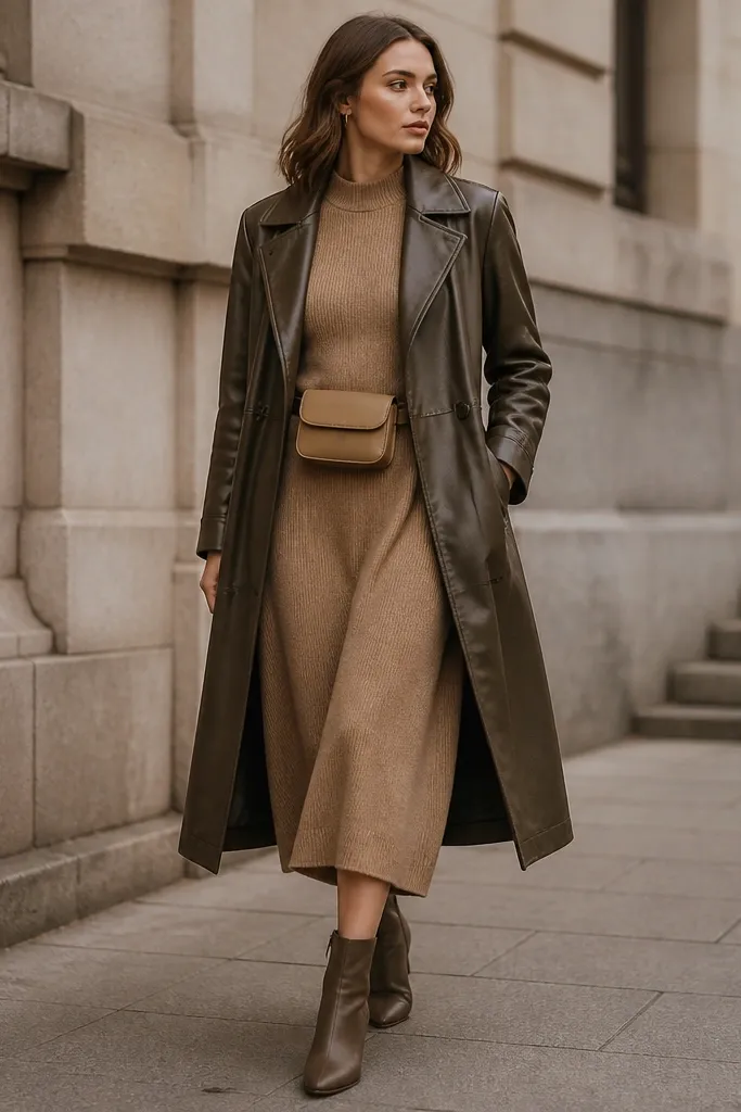 An olive-brown long leather jacket worn over a camel sweater dress; a slim belt bag in tan sits just below the waist; ankle boots; the jacket’s pockets are partially visible.
