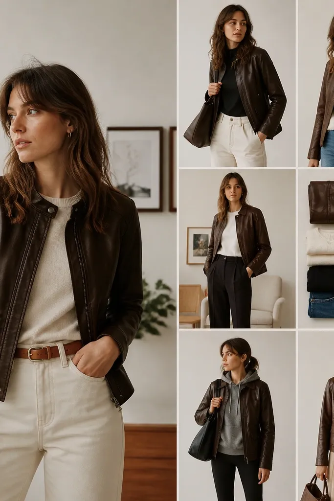 Brown Leather Jacket Outfit Ideas With Storage-Friendly Styling