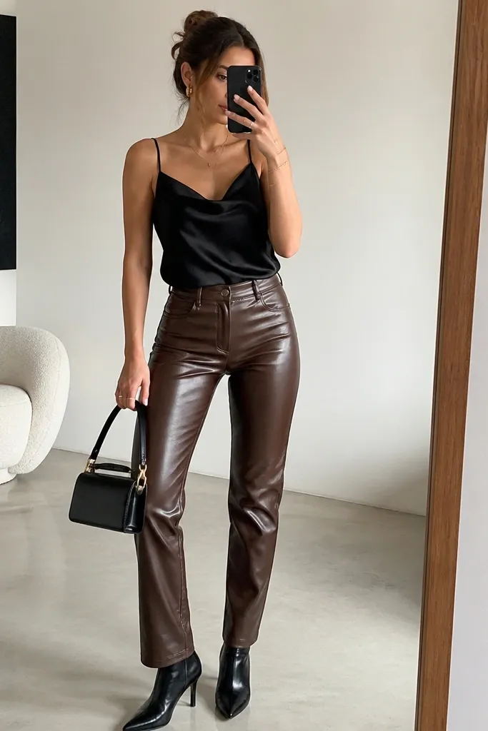 A mirror selfie style image featuring chocolate brown leather pants, a black satin/silk cami with thin straps, and sleek black heeled ankle boots, with a structured black mini bag.