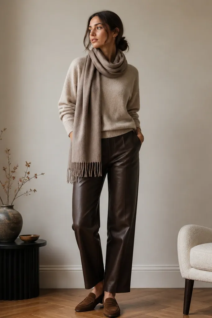 An indoor outfit shot showing espresso brown leather pants with an oatmeal crewneck sweater, brown suede loafers, and a soft scarf in warm neutrals.