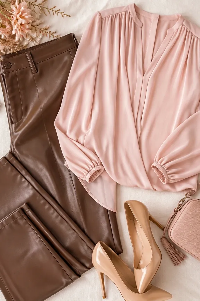 A fashion flat-lay featuring mocha brown leather pants, a soft pink blouse with long sleeves, nude pointed-toe pumps, and a blush crossbody bag.
