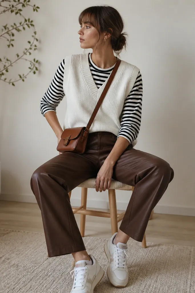 A layered outfit photo with cocoa brown leather pants, a white sweater vest over a black-and-white striped tee, and a brown crossbody bag with white sneakers.