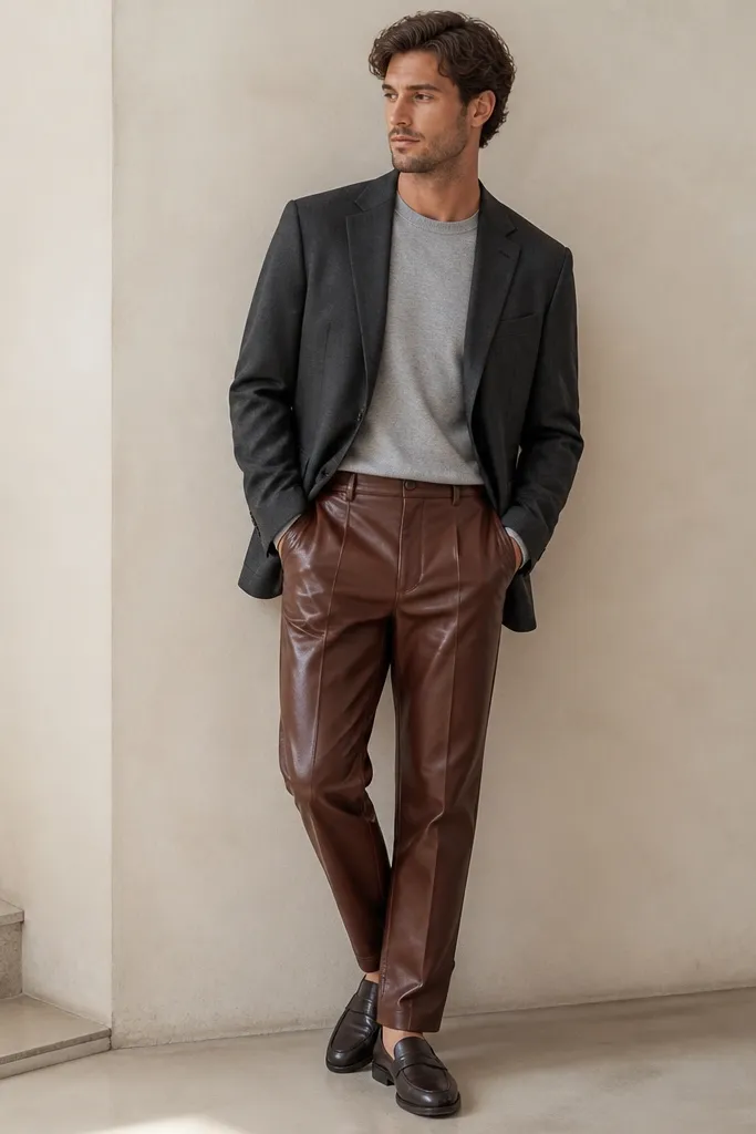 A smart-casual outfit image showing chestnut brown leather pants with a charcoal wool blazer, a light gray crewneck shirt, and dark leather loafers.