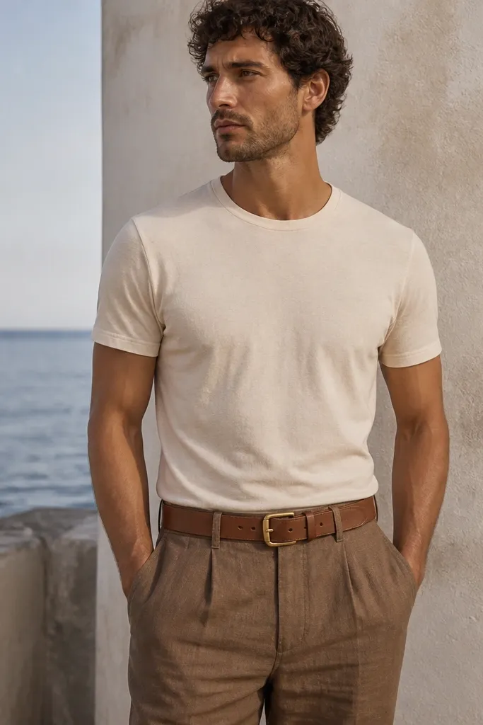 Cream graphic-free crew-neck tee tucked into brown linen pants; wide belt in cognac leather; model stands outdoors with a linen-like texture visible in the fabric.