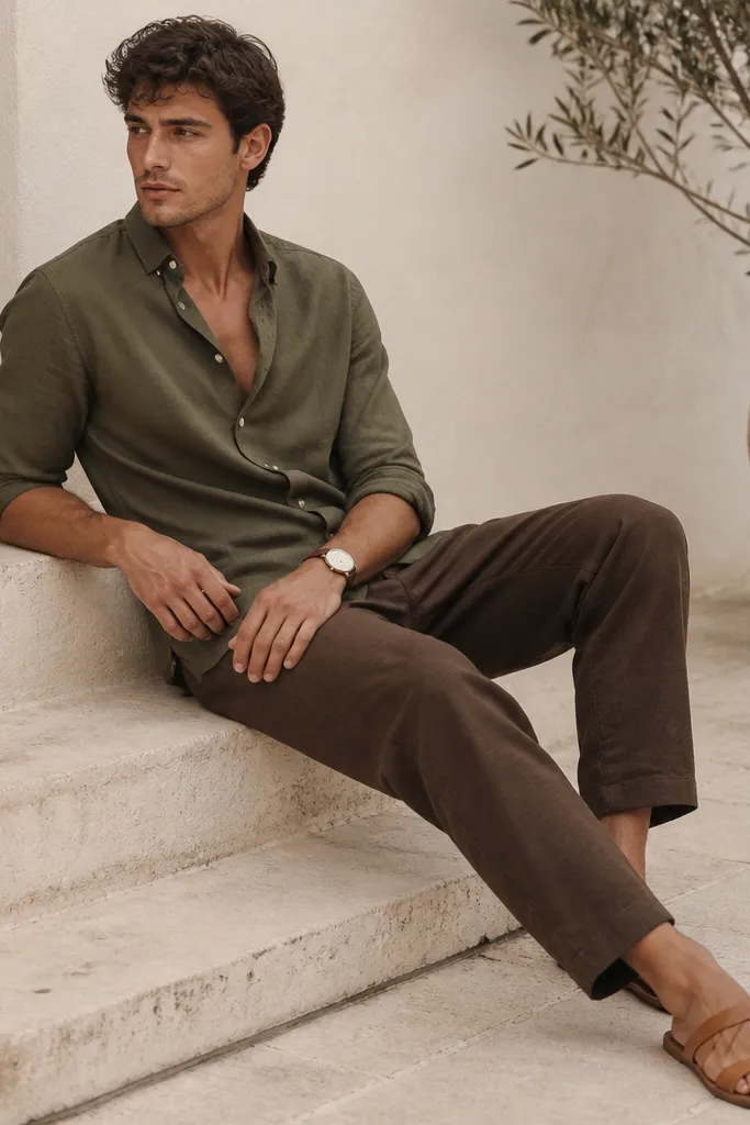 Olive thin cotton button-up worn with top buttons undone; straight-leg brown linen pants; minimal watch; sandals with tan straps.