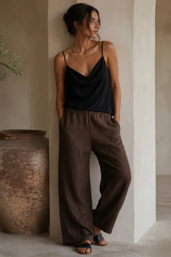 Black strappy cami with a soft drape paired with deep cocoa-brown linen pants; gold layered chain necklace; black-and-tan slide sandals.