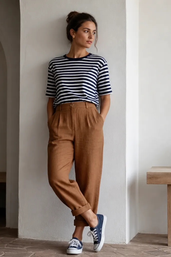Navy-and-white striped Breton tee tucked into caramel-brown linen pants; cuffed hems; navy canvas sneakers; simple gold studs.