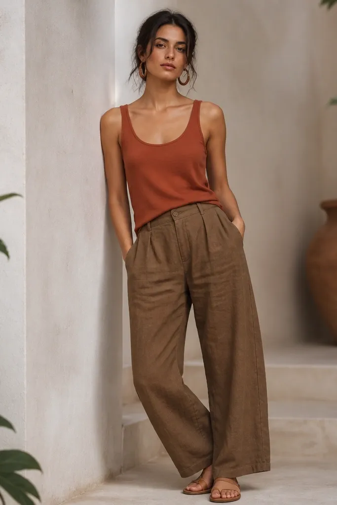 Rust terracotta tank top paired with medium brown linen pants; copper hoop earrings; tan leather sandals; pants show natural linen texture and slight wrinkles.