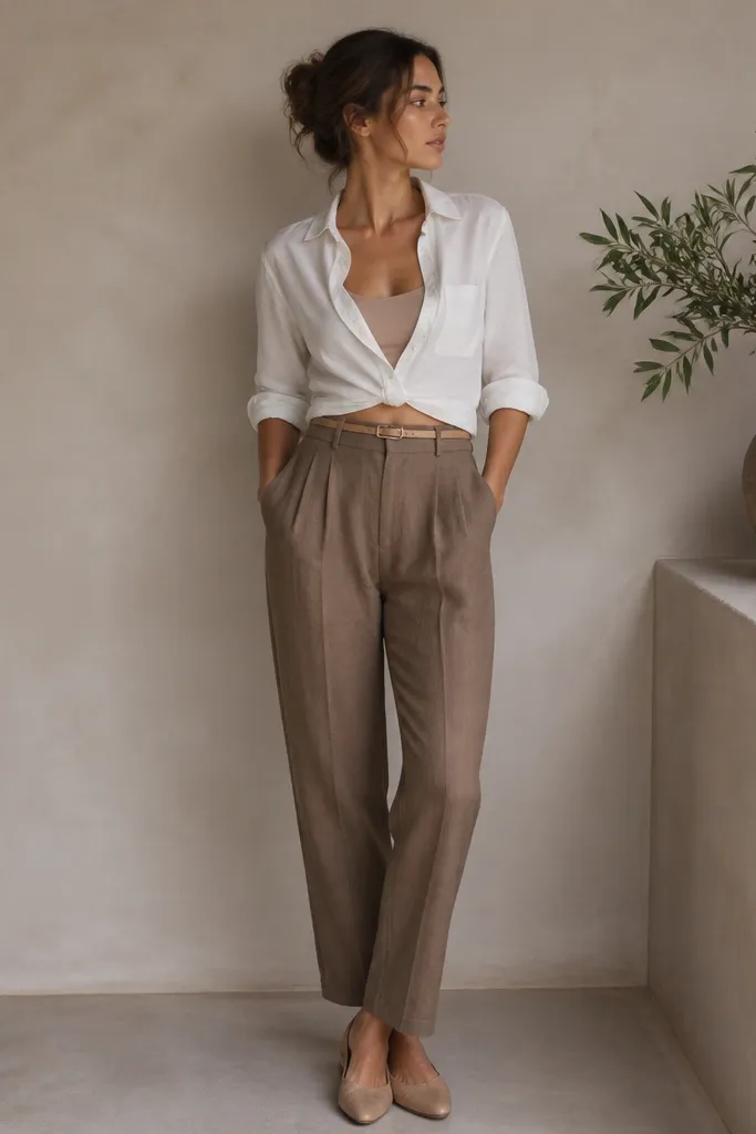 Cropped white button-down worn over a nude camisole, paired with high-waist brown linen pants; sleeves rolled; nude belt; tan flats.