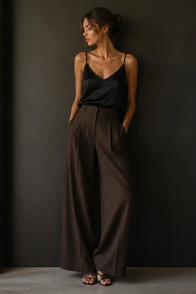 Chocolate brown wide-leg trousers styled with a black satin camisole, thin gold chain necklace, and black strappy heels; the outfit is photographed against a dark neutral wall.