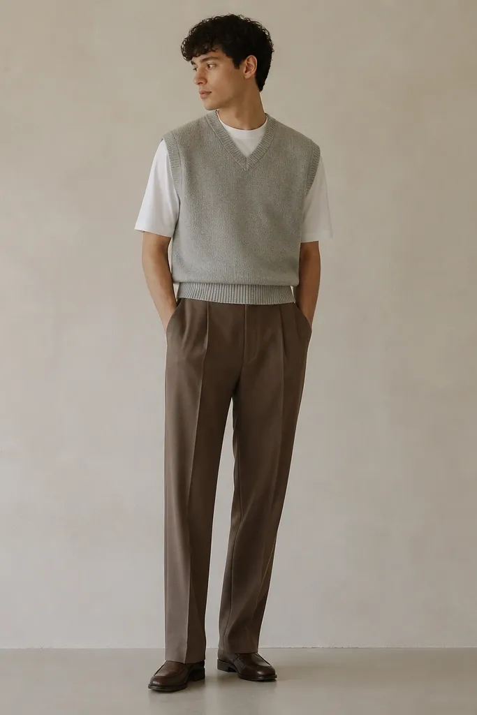 Mushroom brown tailored suit trousers with a light gray sleeveless sweater vest layered over a white crewneck tee; minimal beige background.