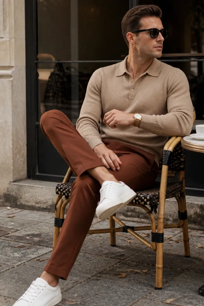 Straight-leg rust-brown pants styled with a camel knit polo shirt, gold watch, and white low-top leather sneakers; outdoor cafe photo.