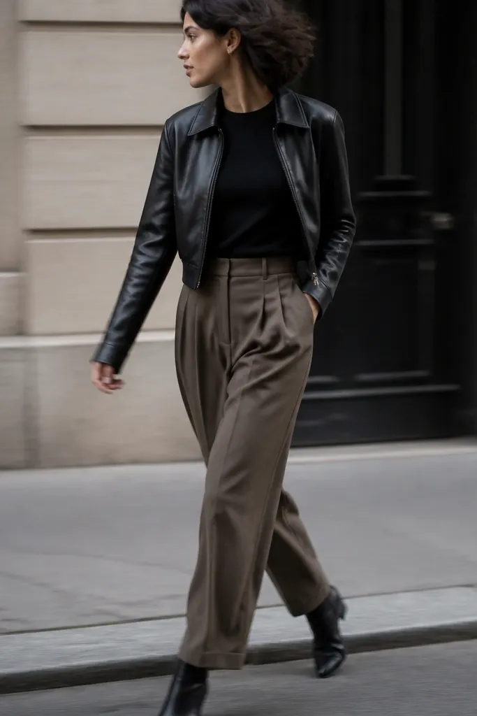 Taupe-brown pleated trousers with a black crewneck tee and a cropped black leather jacket; black ankle boots; sidewalk shot with motion blur.
