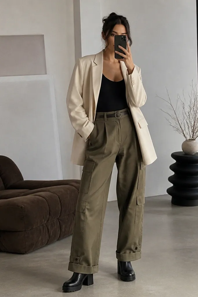 Olive-brown cargo-style trousers worn with a cream oversized blazer, layered with a fitted black bodysuit; chunky heel boots; indoor mirror selfie.