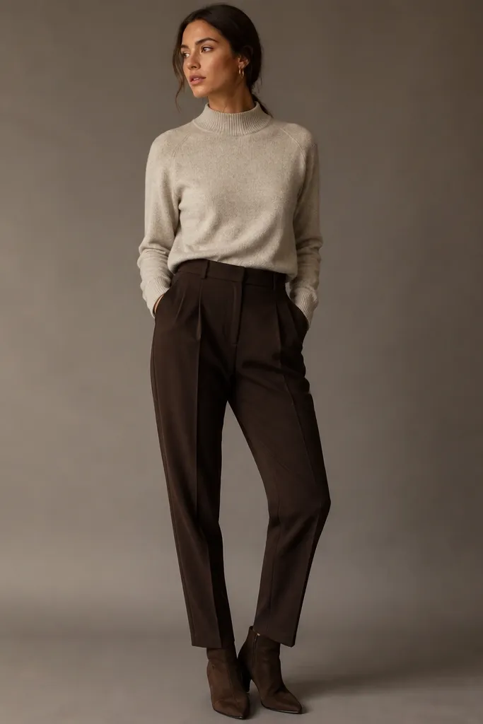 Deep espresso brown tapered trousers paired with an oatmeal mock neck knit; minimal gold hoop earrings and suede ankle boots; studio background.