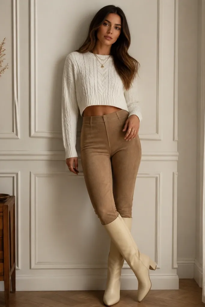 Light brown suede pants styled with a white cropped cable-knit sweater, layered gold necklace, and cream knee-high boots; soft indoor lighting.