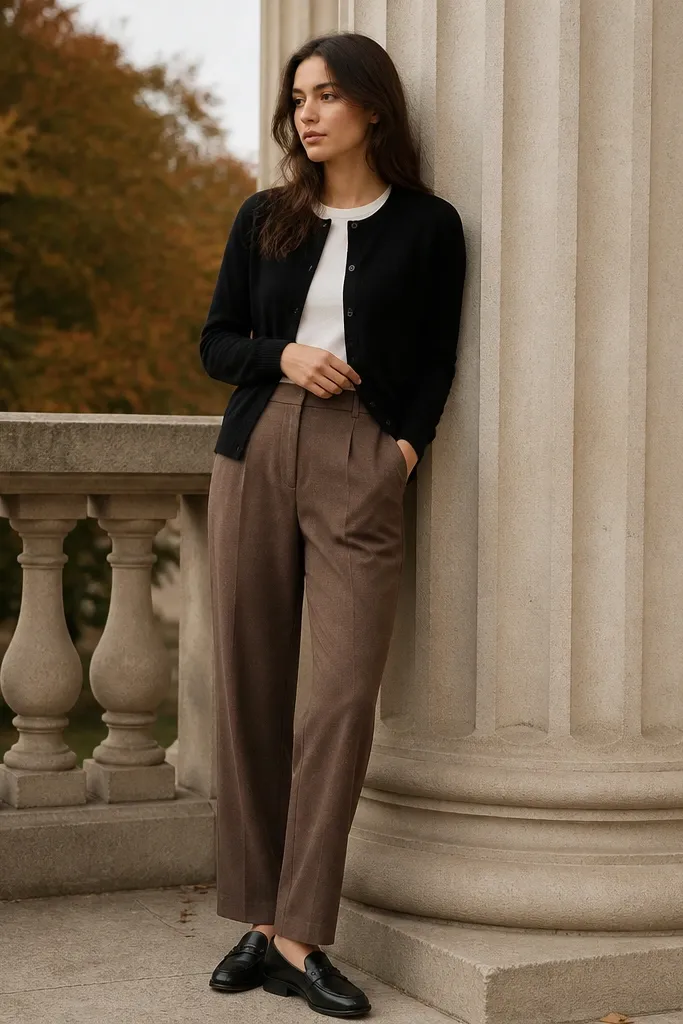 Mocha brown straight-leg trousers paired with a black cardigan that looks cashmere-soft, a white tee underneath, and black loafers; crisp fall color grading.