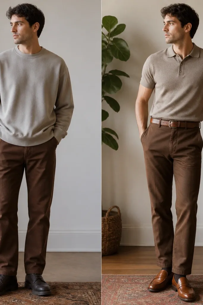 Before shows brown pants paired with a boxy sweatshirt and mismatched dark shoes. After shows the same pants styled with a heather taupe knit polo, the collar sitting flat, and cognac leather loafers; a matching belt completes the look.