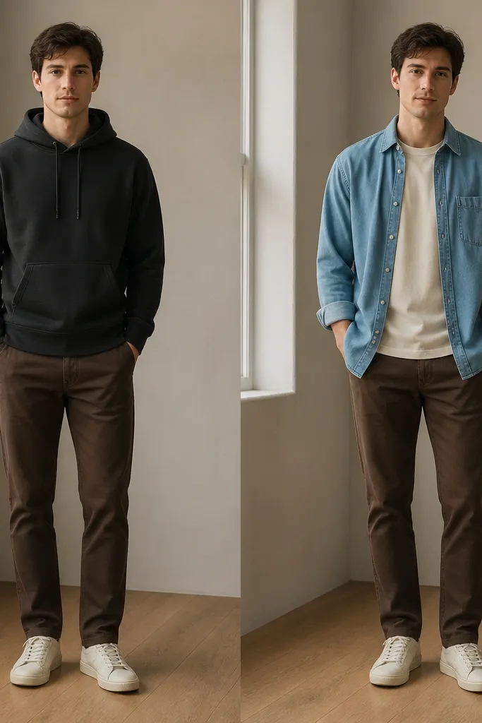 Before shows brown pants with a dark hoodie and no layering. After shows the pants with a light blue denim button-up worn open over a cream tee; the sleeves are rolled once and the outfit looks lighter and more dimensional.