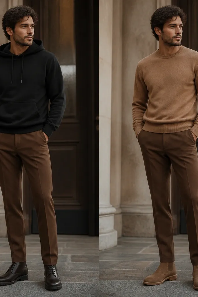Before shows medium brown pants with a black hoodie and dark boots. After shows the same pants with a camel/tan crewneck sweater and tan suede boots; the tones blend smoothly while still looking rich.