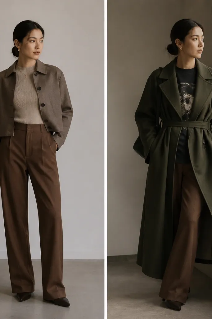 Before shows brown pants with a fitted top and short jacket, making the proportions feel off. After shows the same pants under an oversized graphic tee and a longline belted coat in olive or deep green; the coat cinches at the waist.