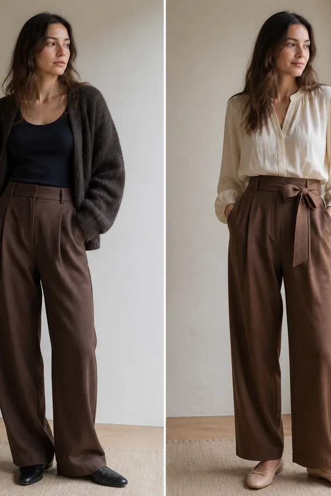 Before shows brown pants with a plain dark tank and a bulky sweater. After shows the pants with a cream blouse tucked in, a tied waist ribbon, and nude ballet flats; the blouse adds shape and softness.