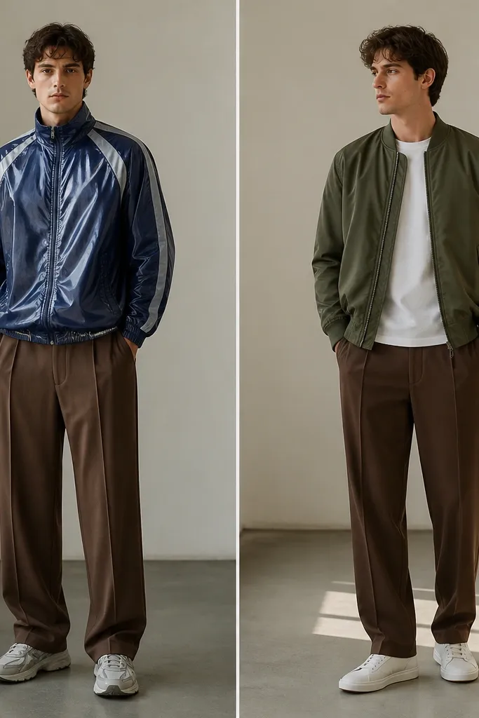 Before shows brown pants paired with a shiny track jacket and chunky sneakers. After shows the same pants with a matte bomber jacket in olive, a plain white tee, and slimmer sneakers; the outfit looks cleaner and more modern.