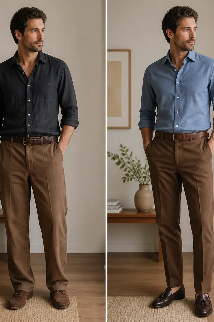 Before shows brown pants with a wrinkled dark button-down and a mismatched belt. After shows the pants styled with a dusty blue button-down in a neat tuck, a belt in the same brown tone, and dark leather loafers; the collar looks crisp.