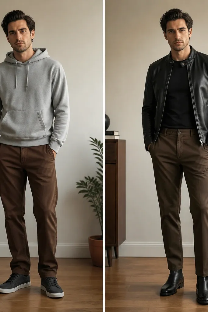 Before shows brown pants with a gray hoodie and dark sneakers. After shows the same pants with a black leather jacket, a fitted black tee, and black ankle boots; the outfit looks sharper and more edgy.